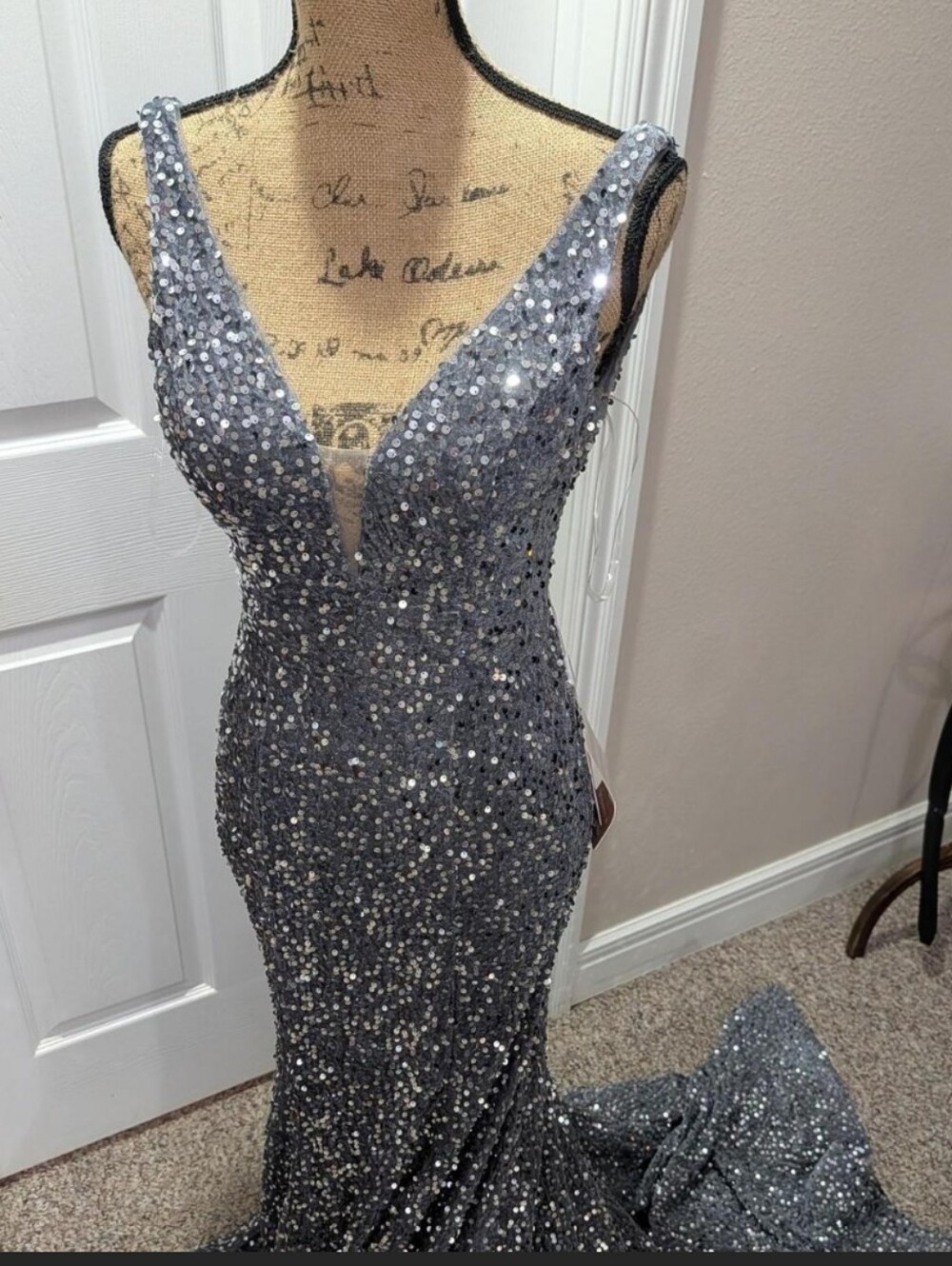 Sequin V-Neck Evening Gown - Silver Gray